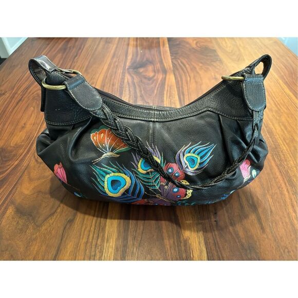 Anuschka Women's Brown Hand Painted Floral Butterfly Print Leather Shoulder Bag - Picture 2 of 8